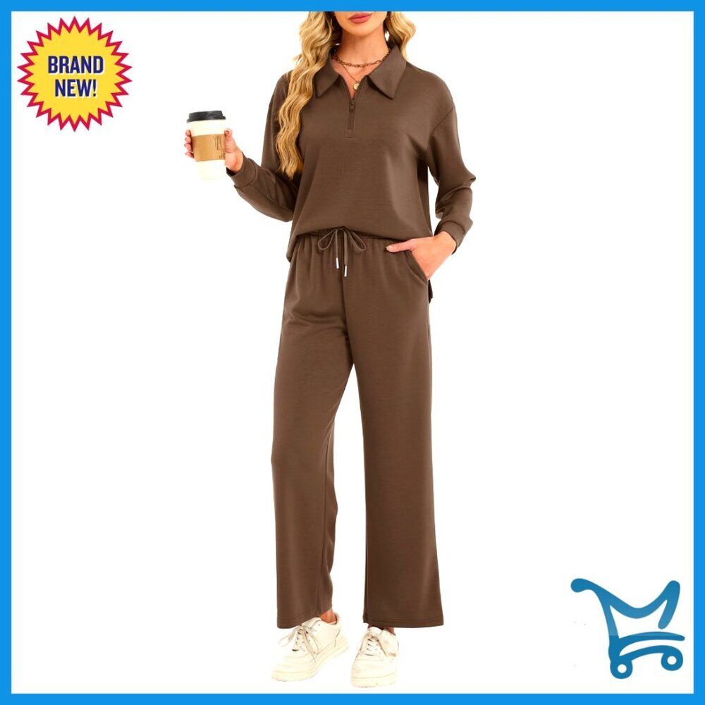 2-Piece Lounge Set Zip-Up Top Wide Leg Pants Travel Casual Outfit - Picture 1 of 7